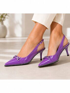 Purple Vegan Patent Leather Pointed-Toe Slingback Kitten Heel Shoes Silver 7